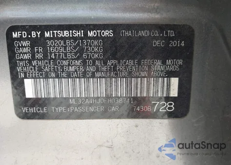 2015 Mitsubishi Mirage Es/Rf из США, поврежденный, VIN ML32A4HJ0FH038741